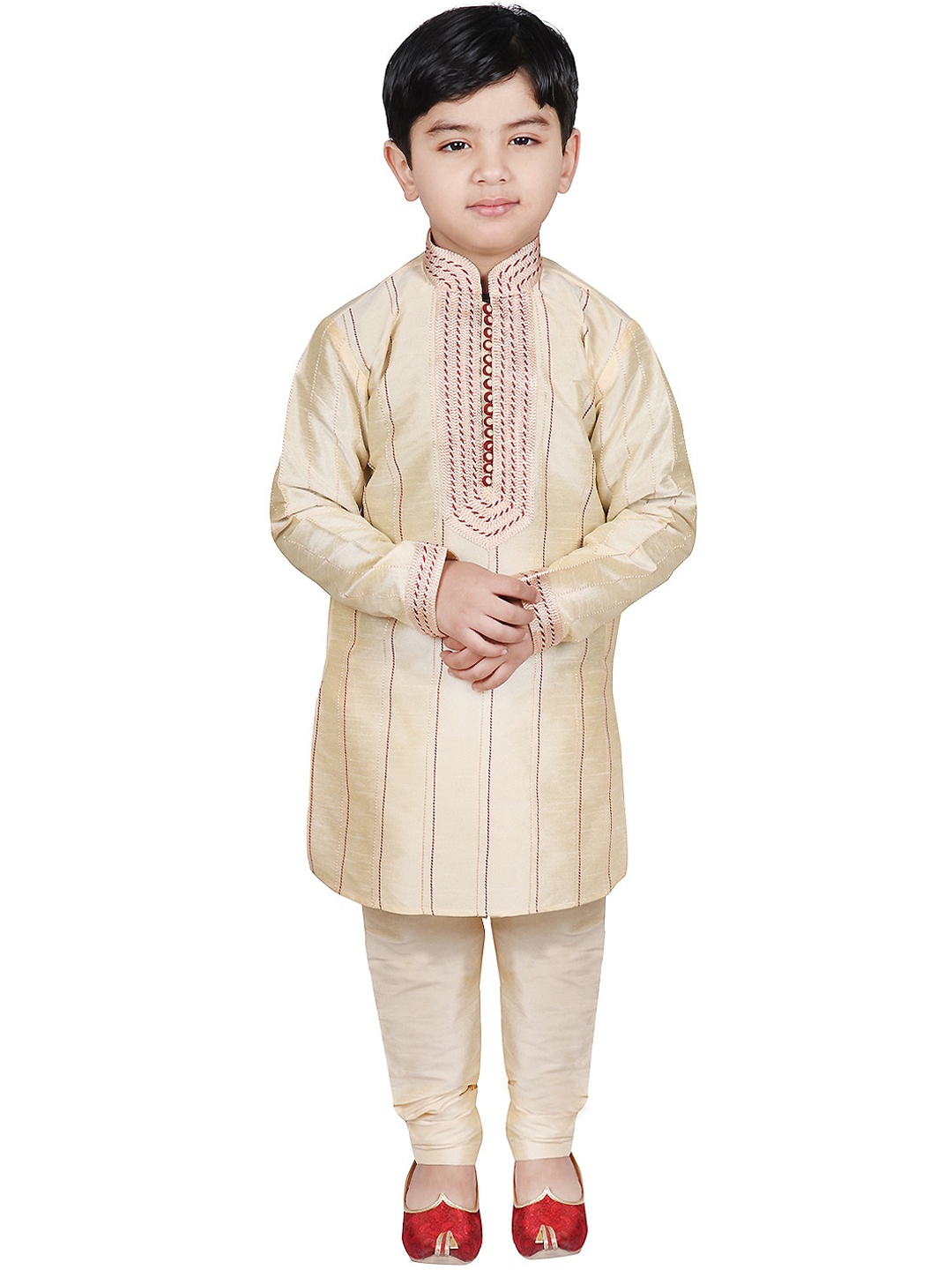

SG YUVRAJ Boys Gold-Coloured & Maroon Striped Kurta with Pyjamas