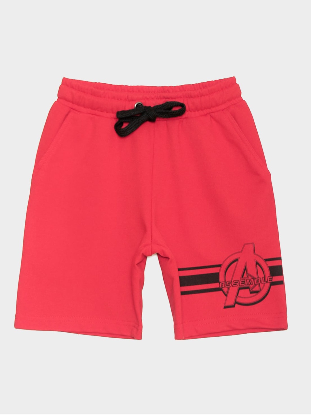 

Kids Ville Boys Coral Red & Black Avengers Printed Cotton Regular Shorts