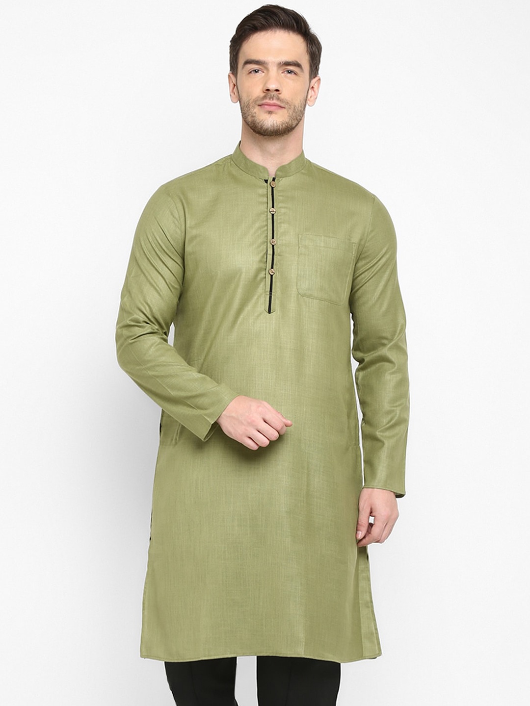 hangup trend Men Olive Green Solid Cotton Straight Kurta