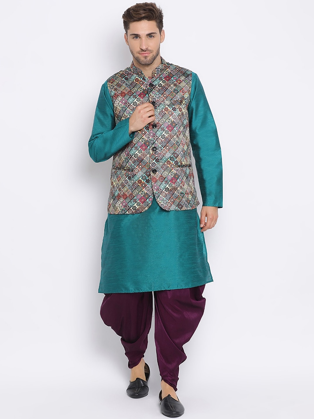 Hangup Men Blue & Purple Solid Kurta with Dhoti Pants