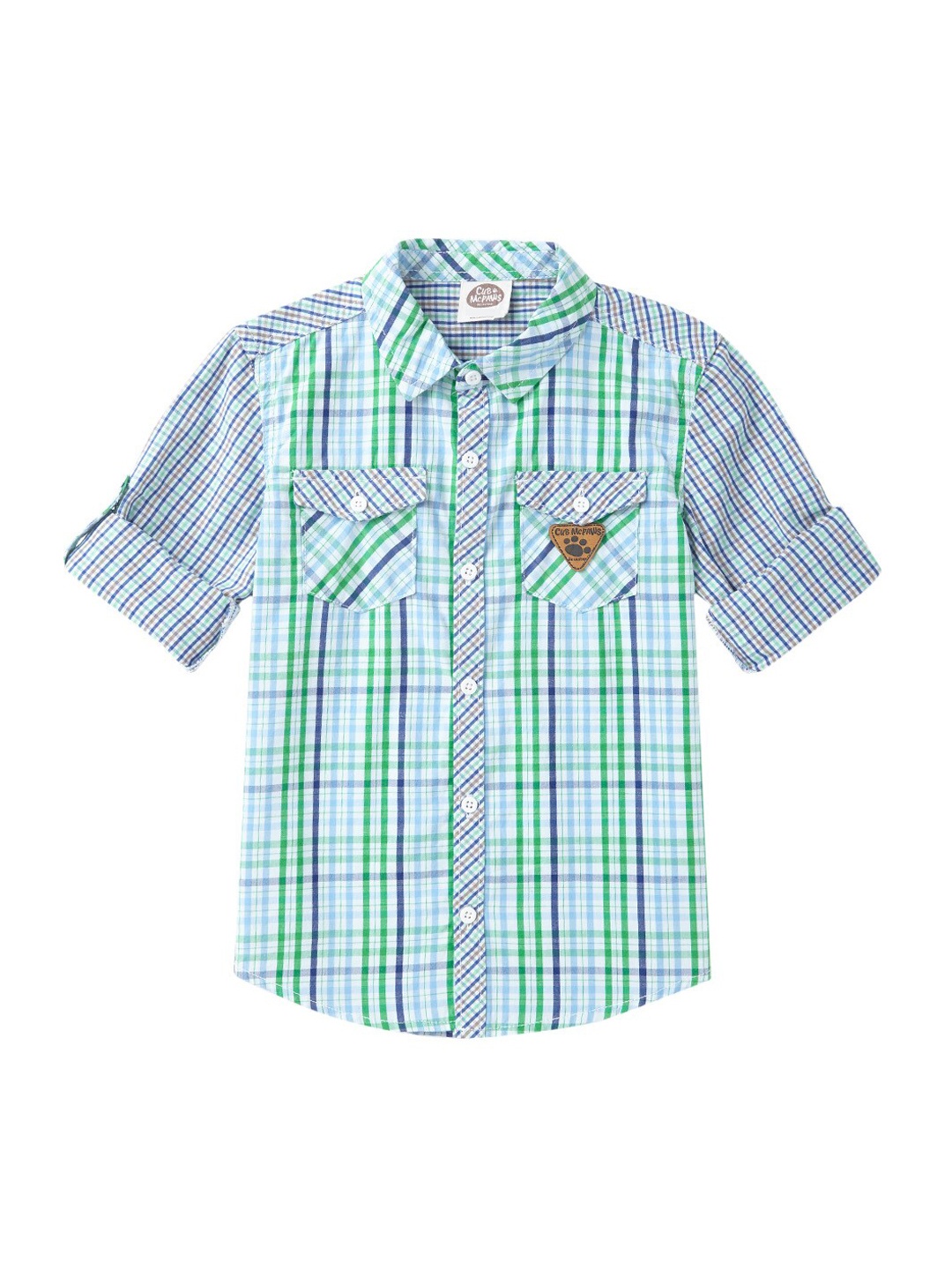 Cub McPaws Boys Green & Blue Regular Fit Checked Casual Shirt