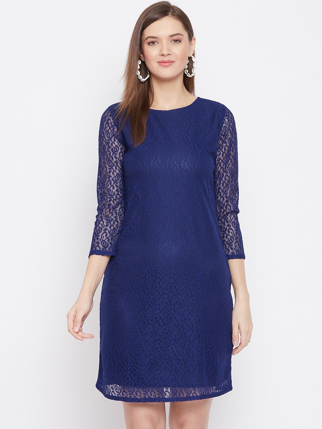 

Ruhaans Women Navy Blue Lace Insert Sheath Dress