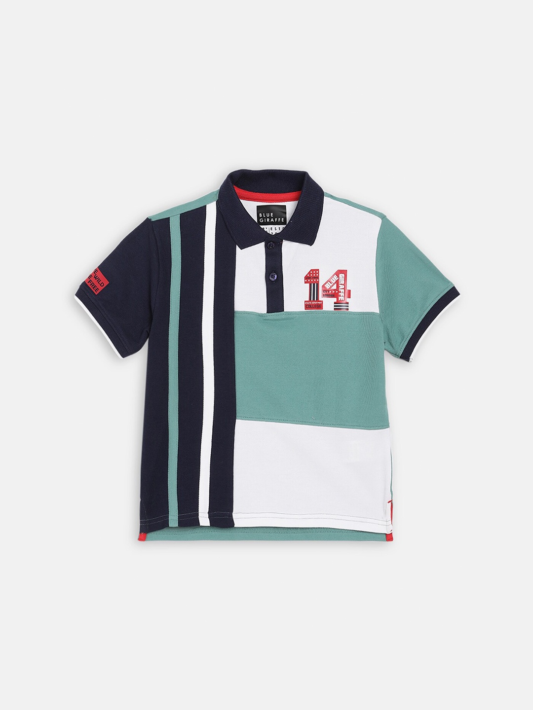

Blue Giraffe Boys Green & White Cotton Colourblocked Polo Collar T-shirt