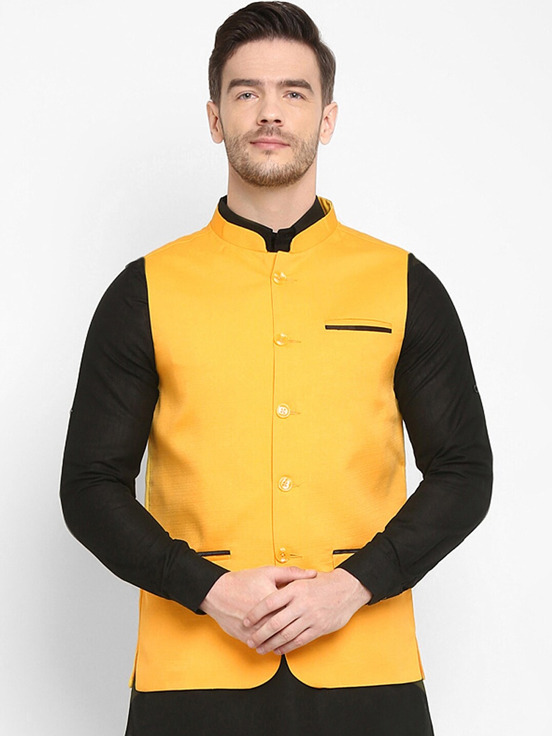 

hangup trend Men Yellow Solid Woven Nehru Jacket