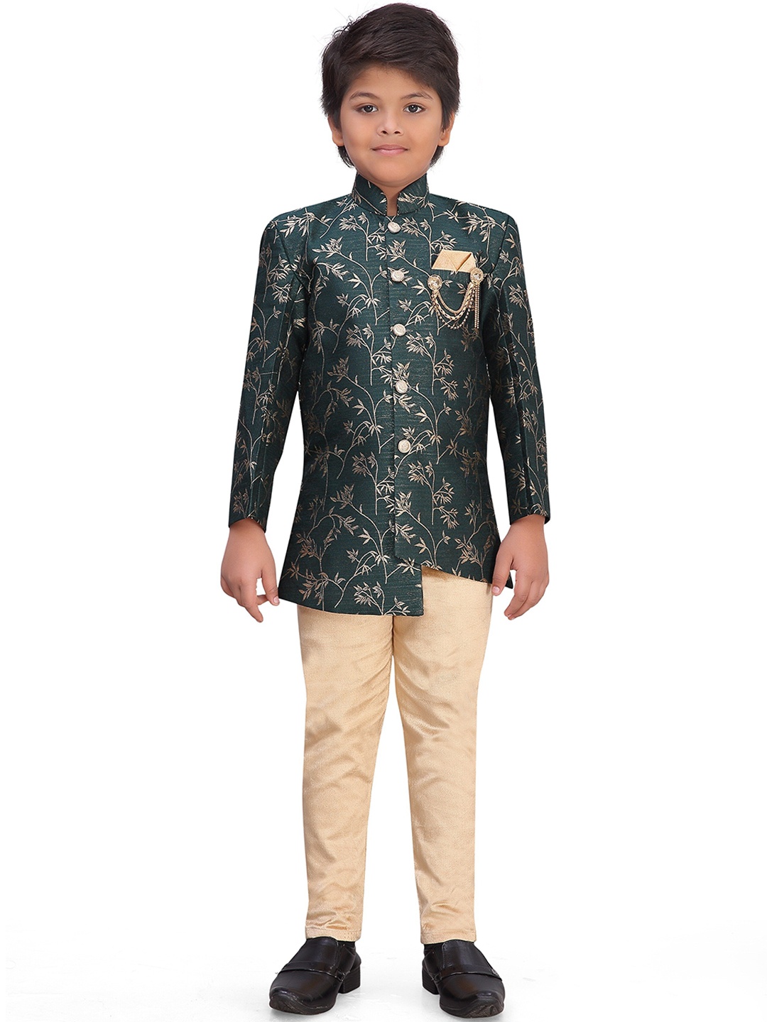 

Aj DEZInES Boys Green & Gold-Coloured Floral Printed Sherwani Set