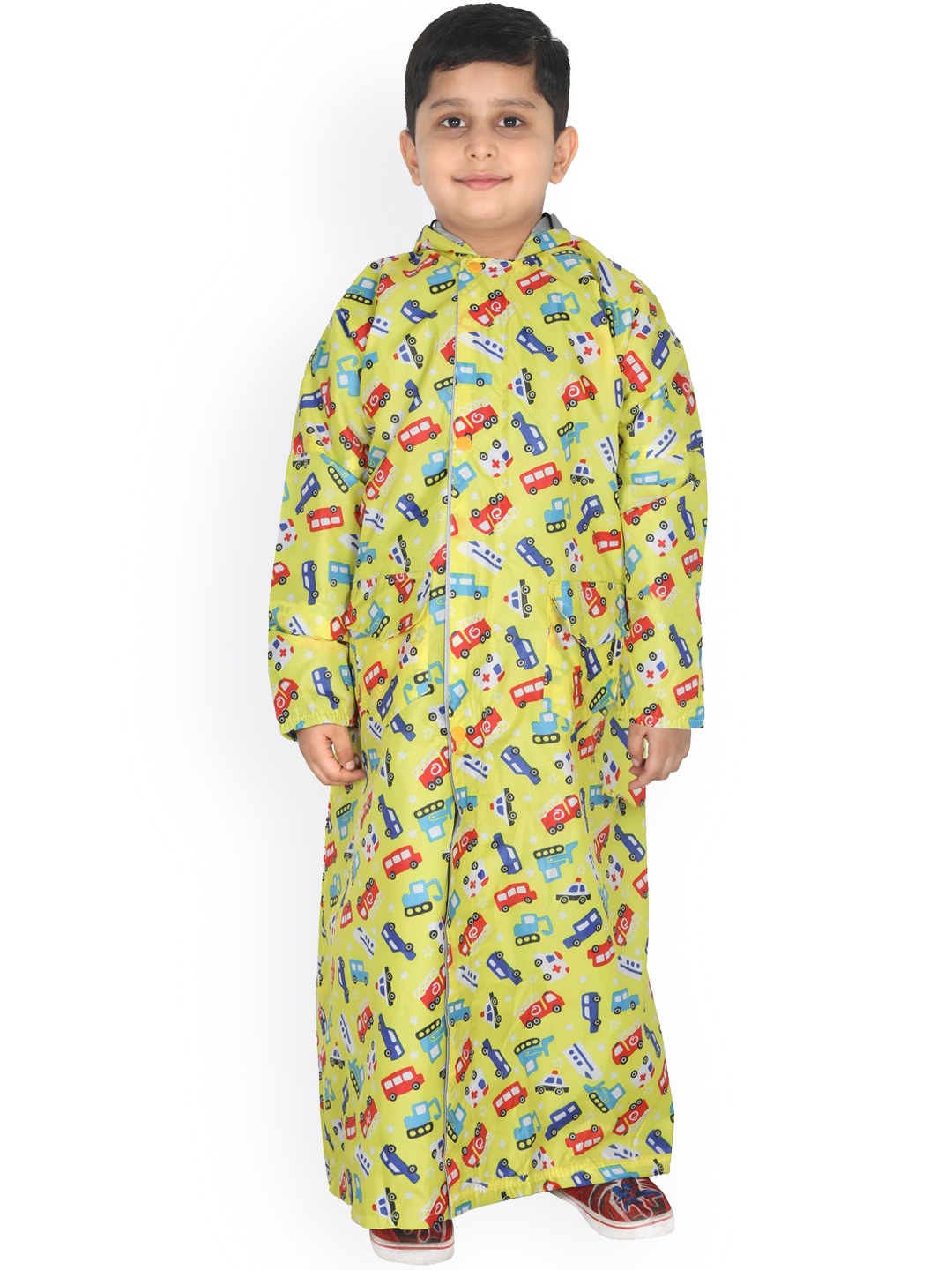 

FabSeasons Kids Yellow & Red Printed Waterproof Long Raincoat With Hood