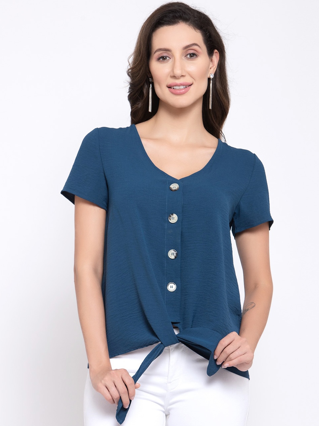 

iki chic Blue Georgette Button Up Front Knotted Top