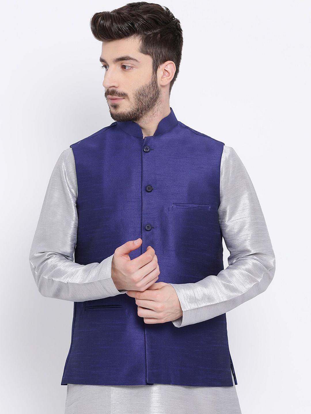 

NAMASKAR Men Navy-Blue Solid Woven Nehru Jacket