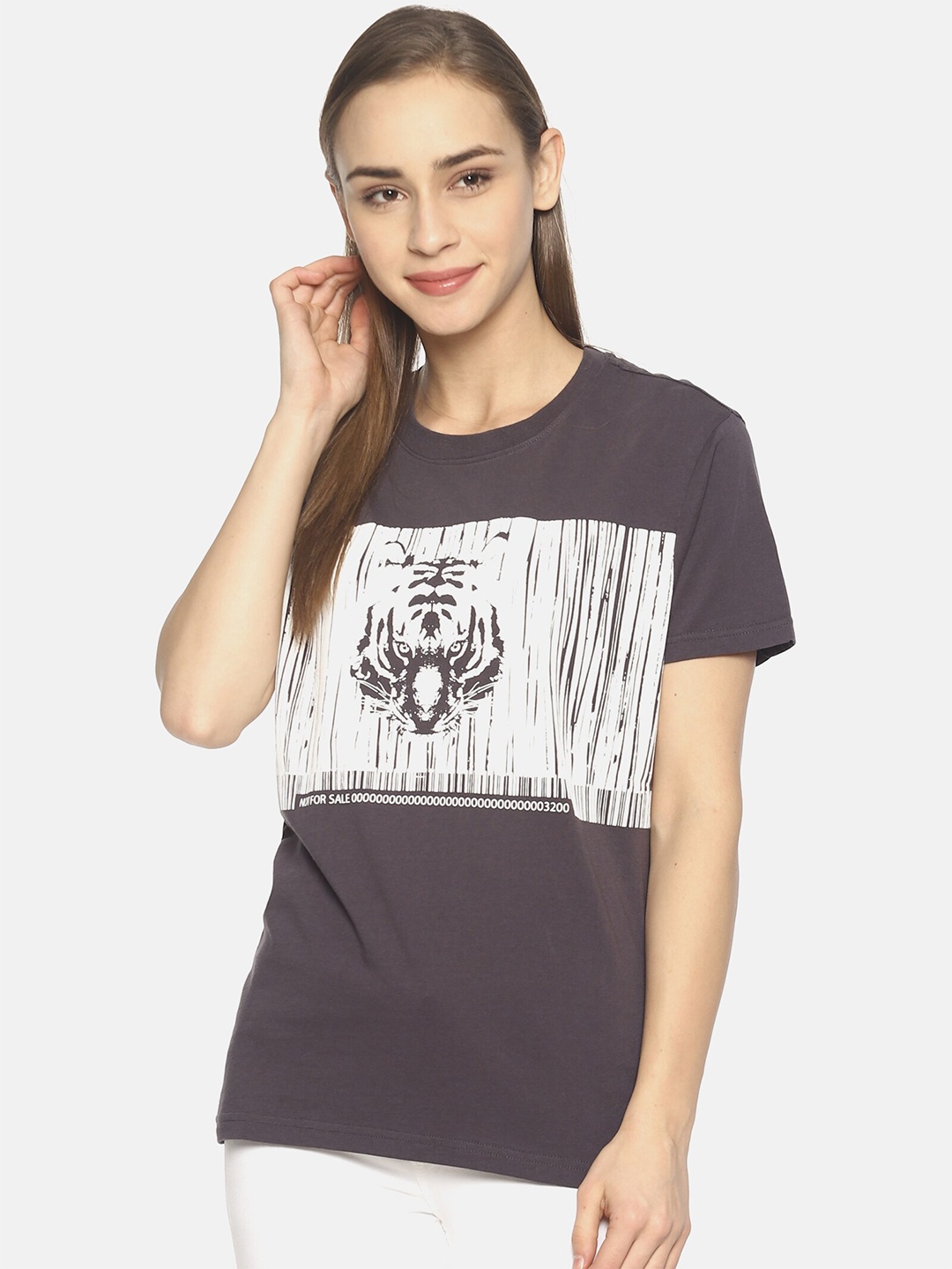 

Wolfpack Women Dark Grey Barcode Tiger Printed Round Neck T-shirt