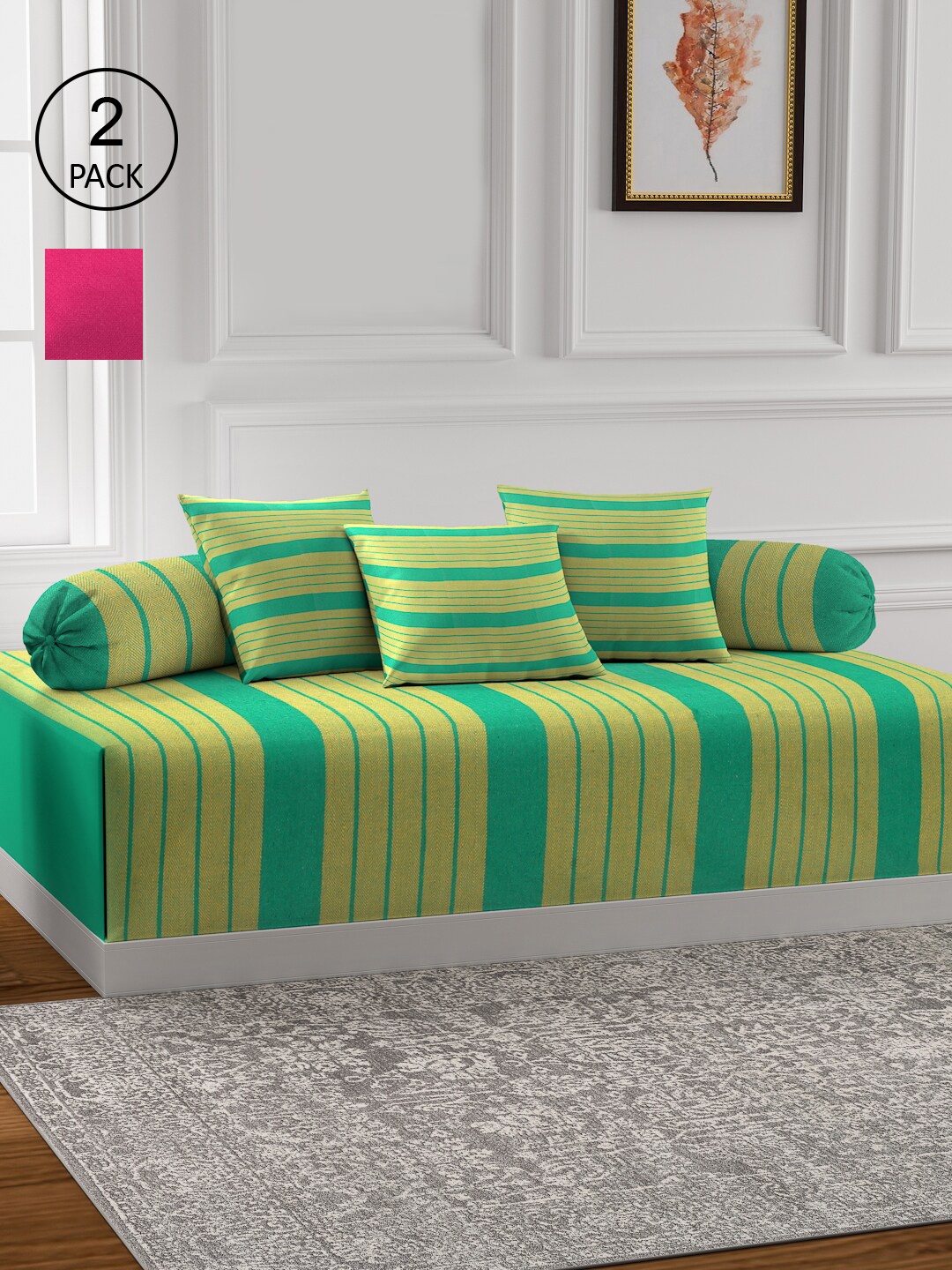 

KLOTTHE Set of 2 Striped Cotton Single Bedsheet With 4 Bolster Covers & 6 Cushion Covers, Green