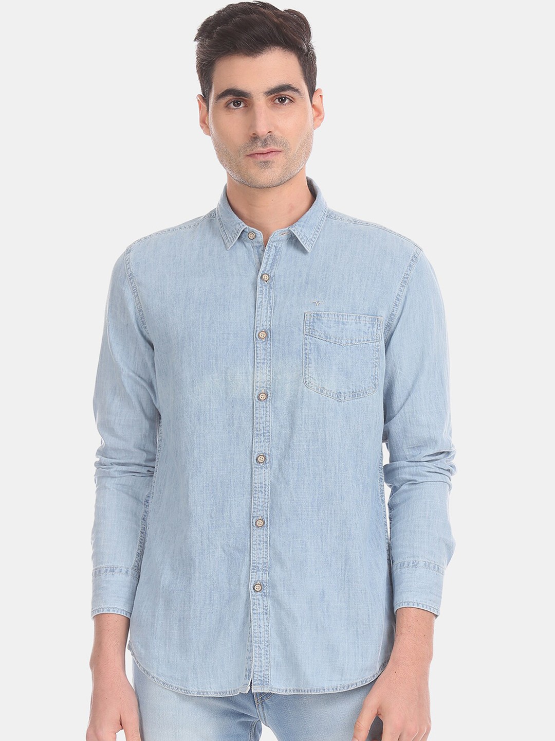

Flying Machine Men Blue Solid Pure Cotton Denim Casual Shirt
