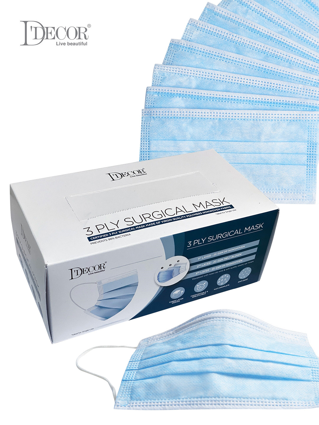 

DDecor Unisex Pack of 50 Blue Solid 3-Ply Surgical Masks