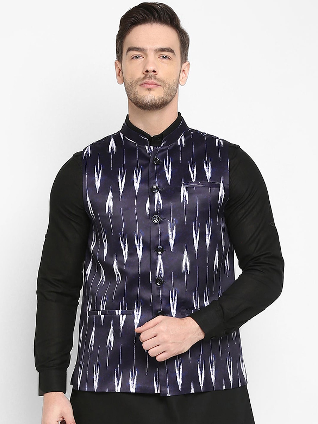

hangup trend Men Navy Blue & White Printed Woven Nehru Jacket