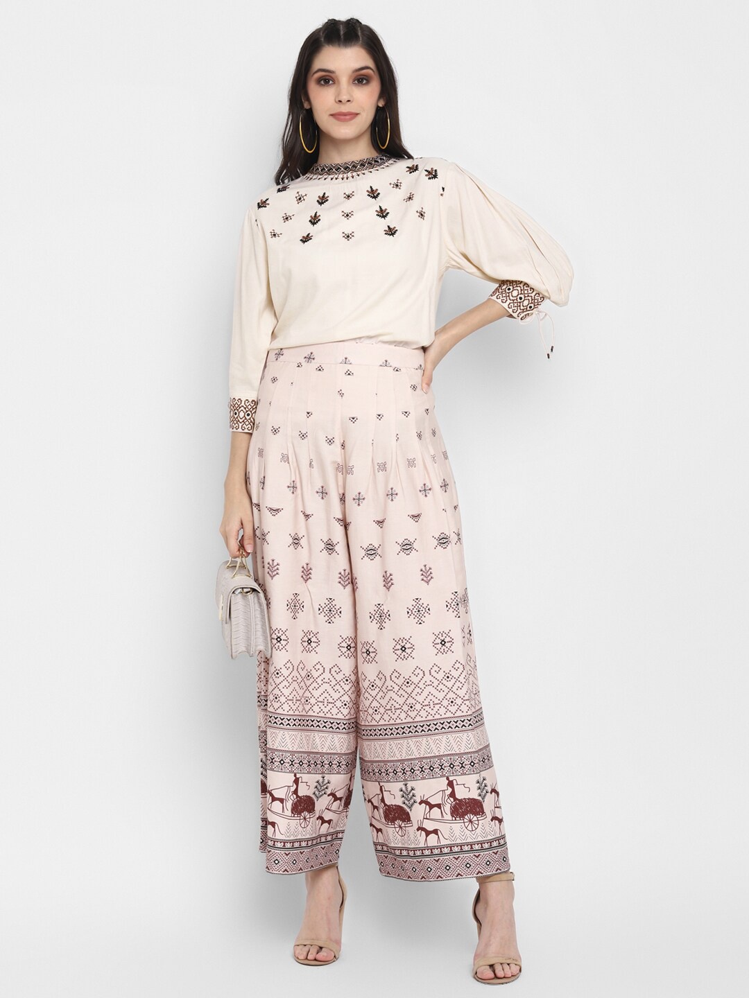 

BLANC9 Women Beige & Brown Printed Top with Palazzos
