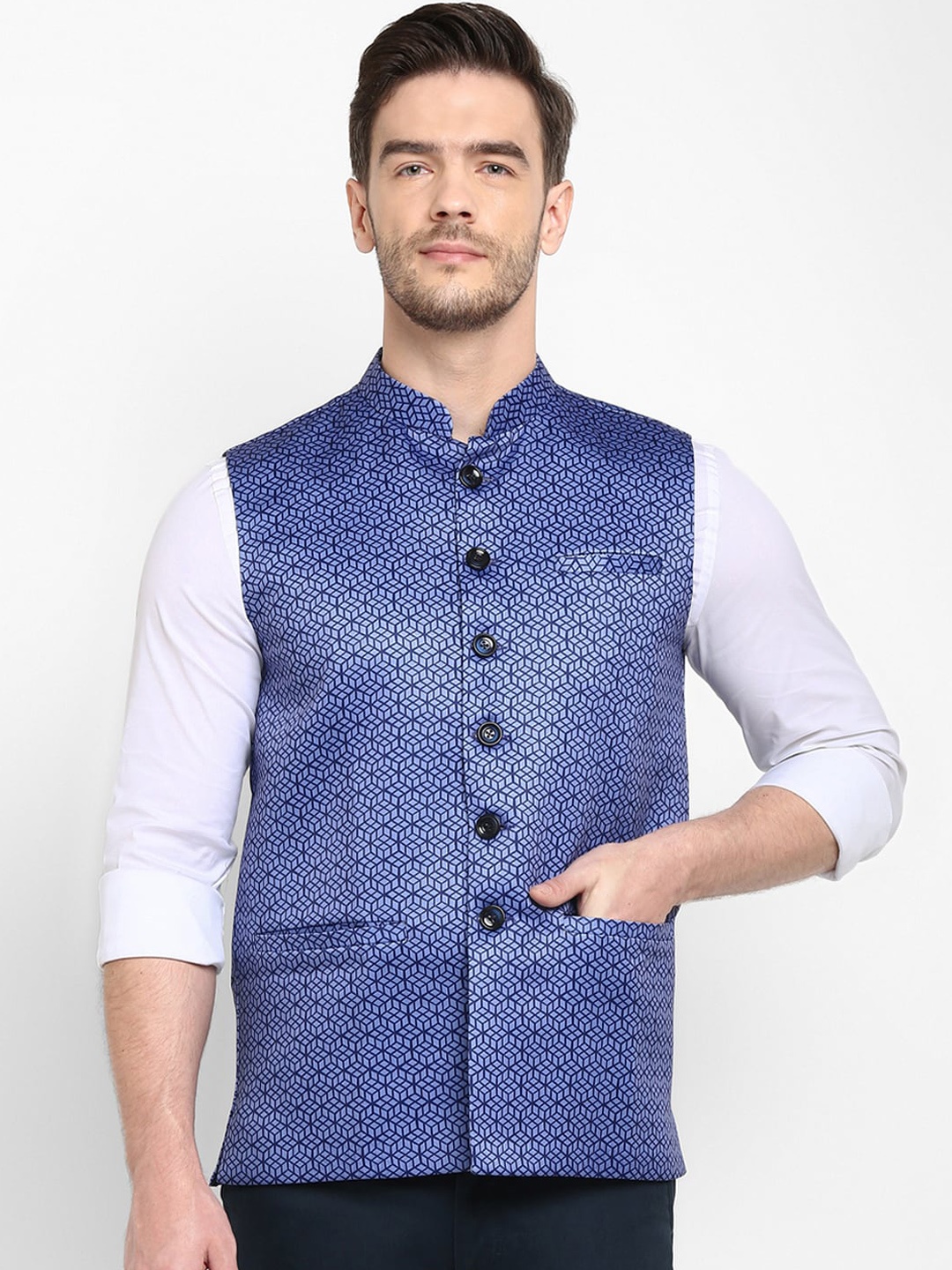 

hangup trend Men Blue Printed Woven Nehru Jacket