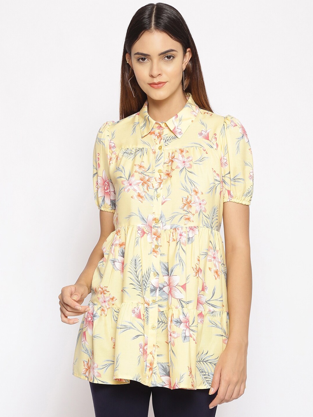 

Oxolloxo Women Yellow & Pink Floral Printed Tunic
