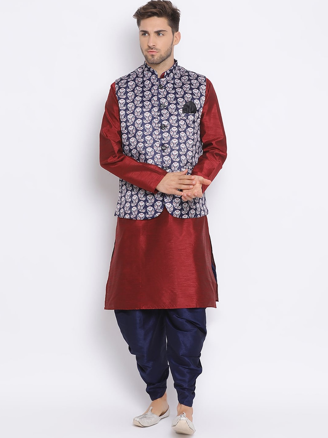 

Hangup Men Maroon & Navy Blue Solid Kurta with Dhoti Pants With Nehru Jacket