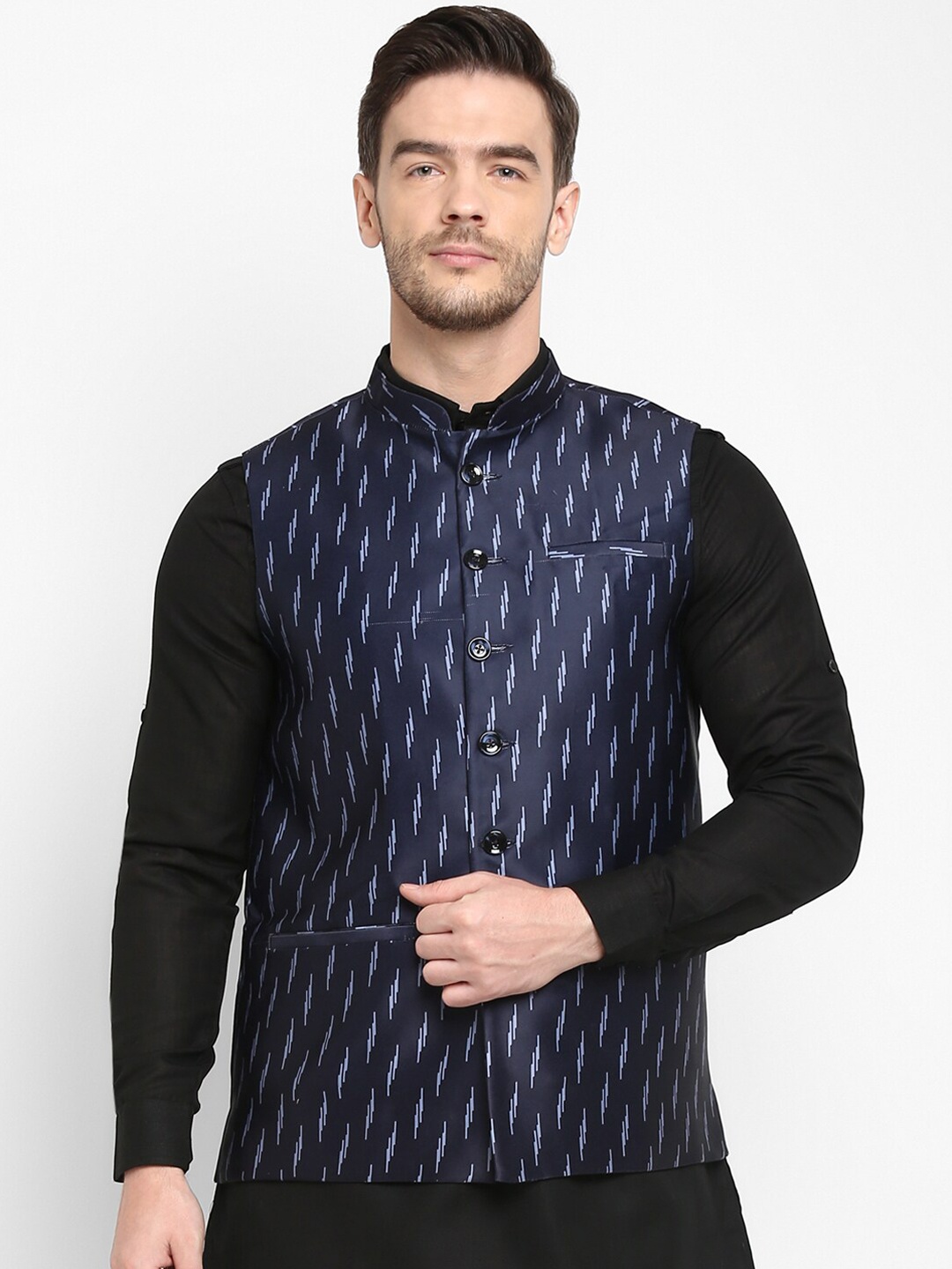

hangup trend Men Navy Blue Printed Woven Nehru Jacket