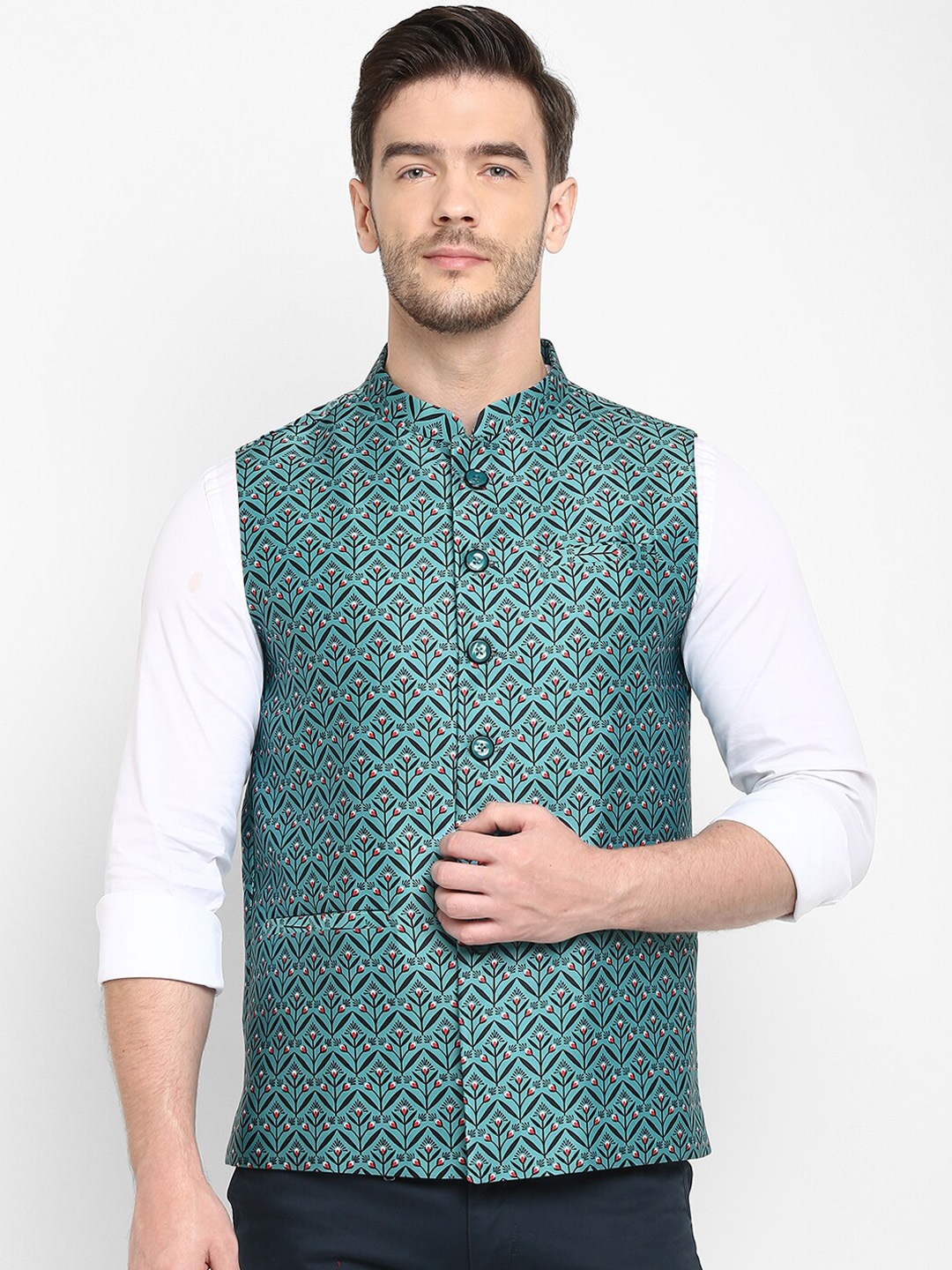 

hangup trend Men Green & Black Printed Woven Nehru Jacket