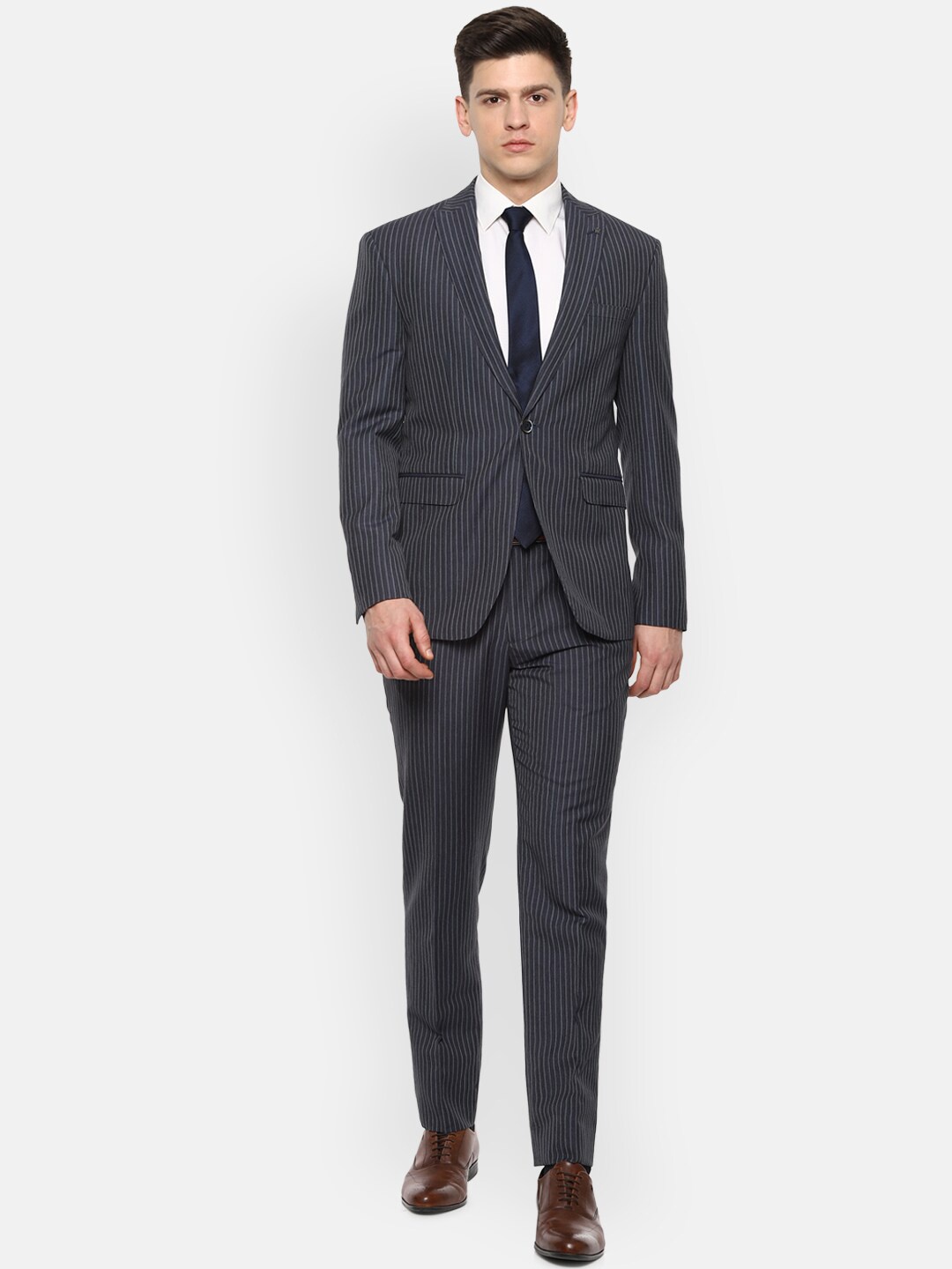 

Louis Philippe Men Grey Striped Slim-Fit Single Breasted Formal Suit