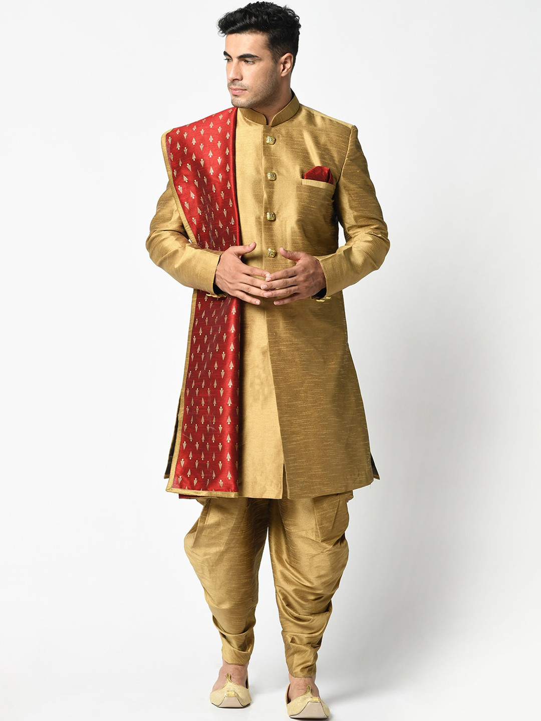 

DEYANN Men Gold Woven Design Dupion Silk Sherwani with Dhoti Pants & Dupatta