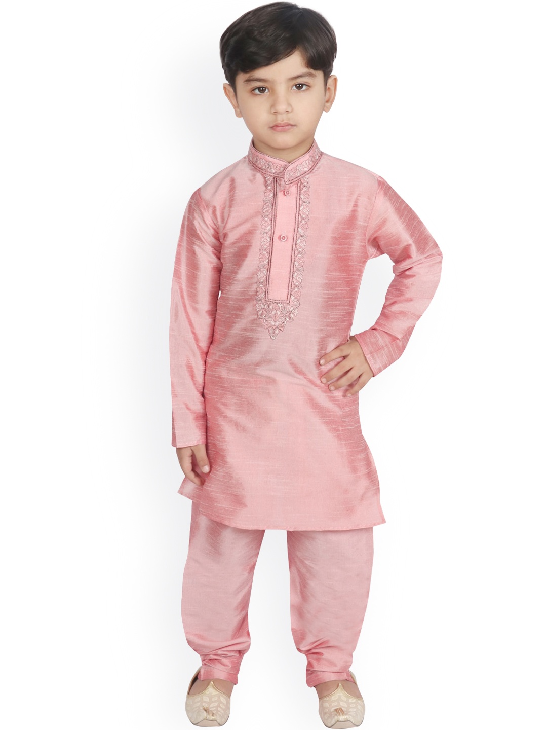 SG YUVRAJ Boys Peach-Coloured Solid Kurta with Churidar