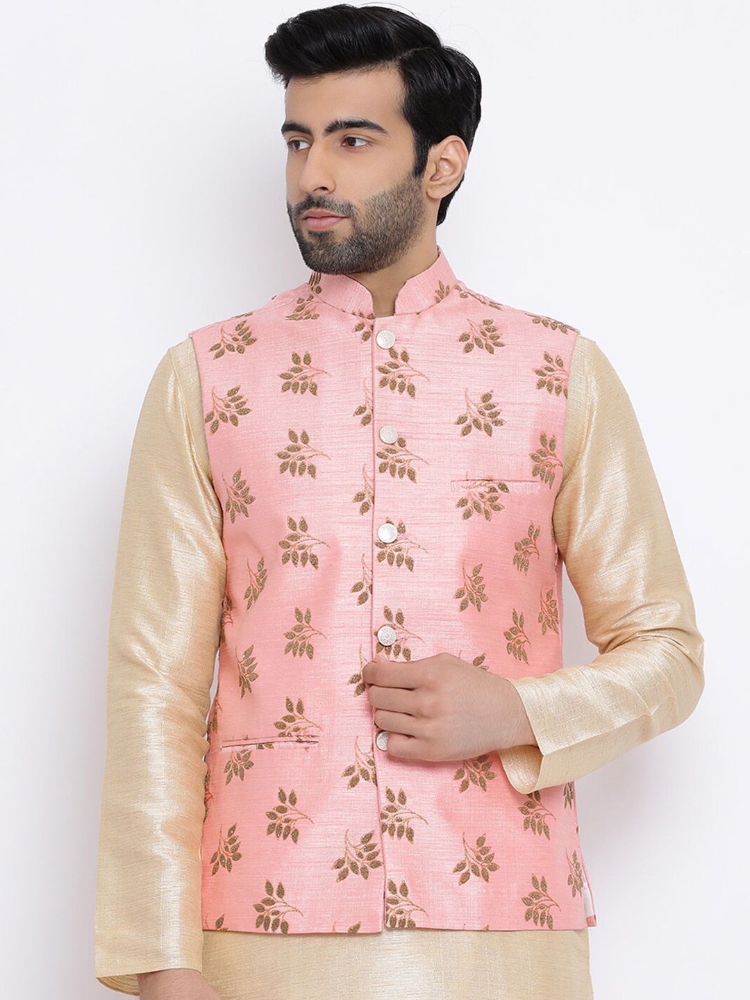 

NAMASKAR Men Pink & Gold-Toned Embellished Woven Pure Silk Nehru Jacket