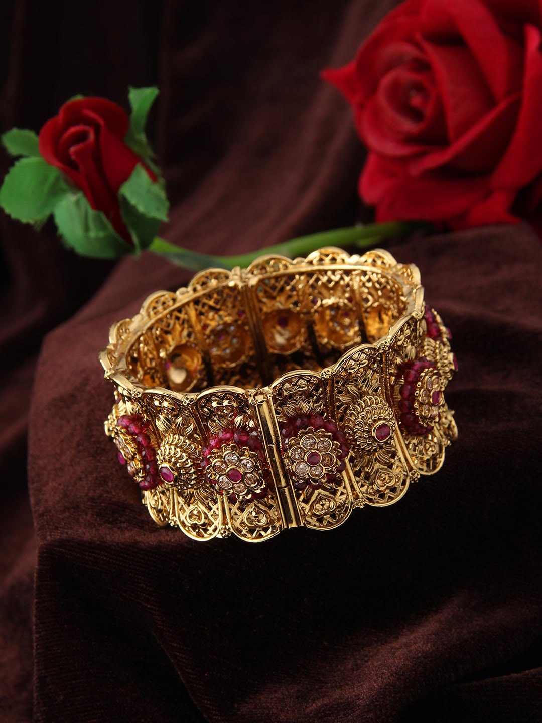 

Adwitiya Collection Gold & Pink 24CT Stone-Studded & Beaded Handcrafted Bangle