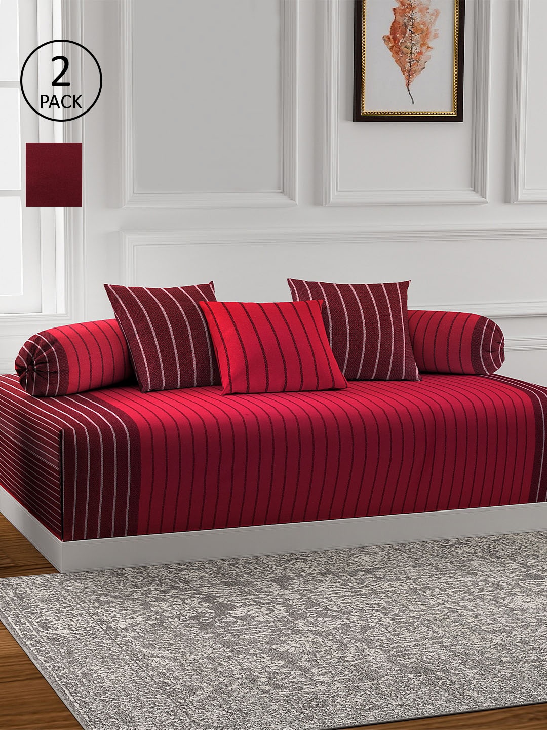 

KLOTTHE Woven Design Cotton 2 Single Bedsheet With 4 Bolster Covers & 6 Cushion Covers, Red