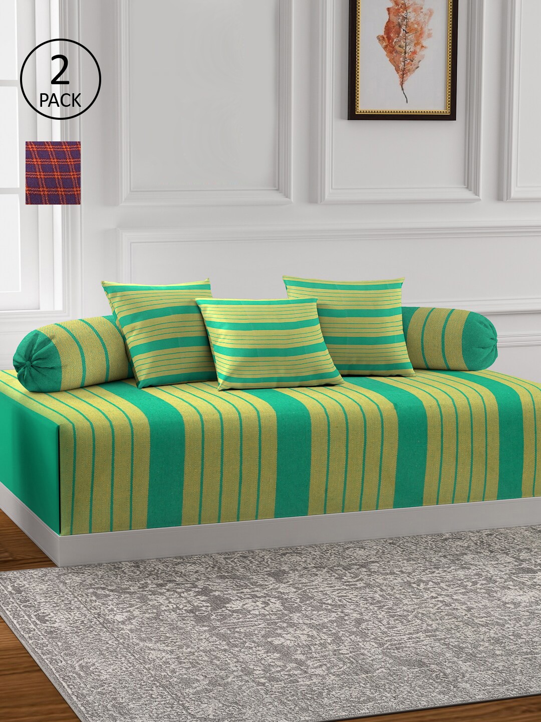 

KLOTTHE Set of 2 Striped Cotton Single Bedsheet With 4 Bolster Covers & 6 Cushion Covers, Green