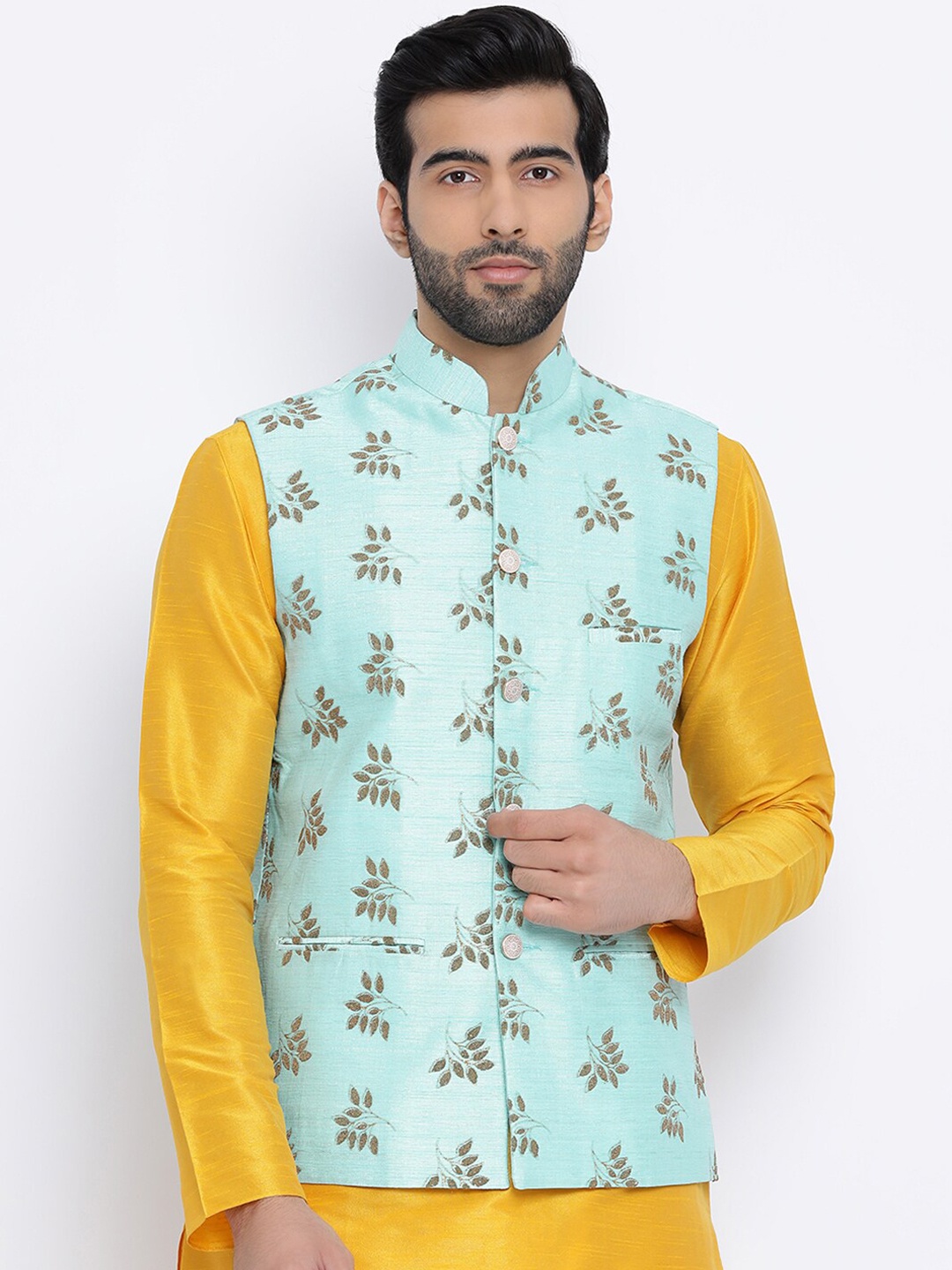 

NAMASKAR Men Sea Green Embellished Regular-Fit Pure Silk Nehru Jacket