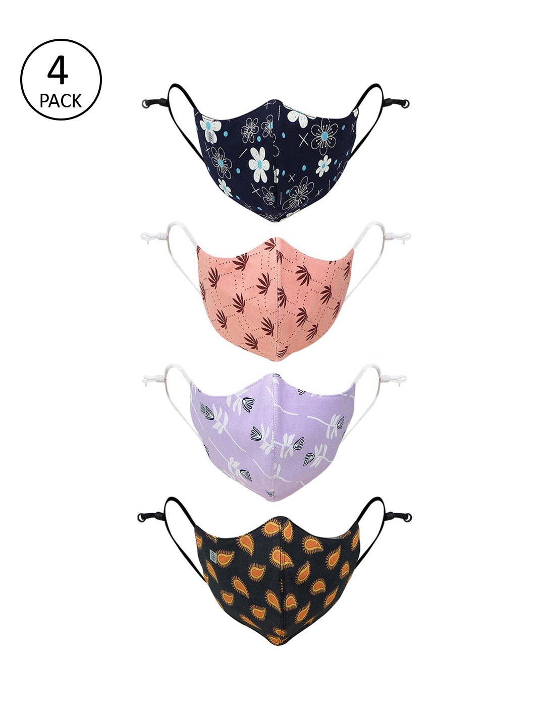 

Bonjour Women Pack Of 4 Printed 3-Ply Cotton Reusable Outdoor Cloth Mask, Black