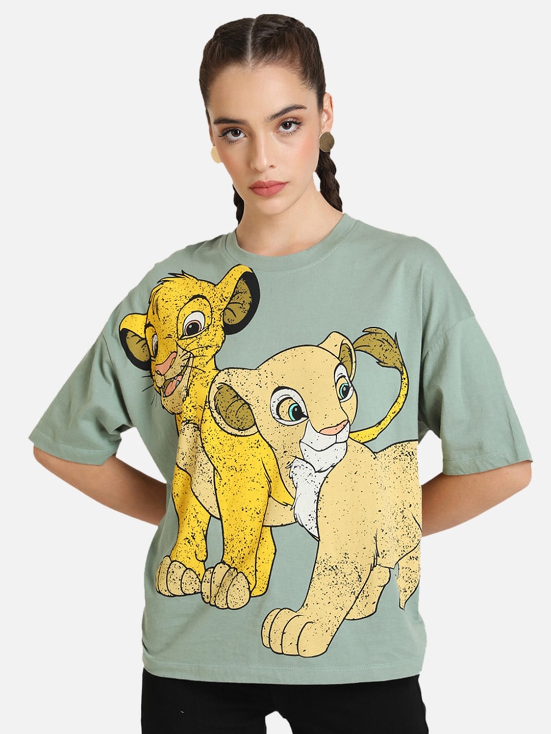 

Kazo Women Green Printed Lion King Round Neck Cotton T-shirt