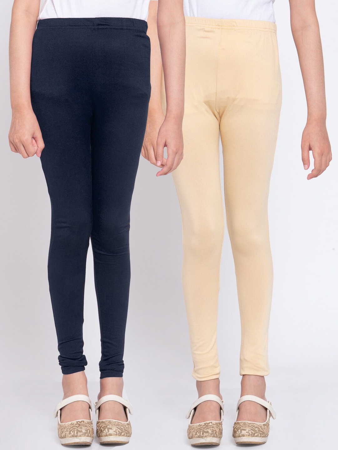 

KLOTTHE Girls Pack Of 2 Blue & Beige Solid Ankle-Length Leggings