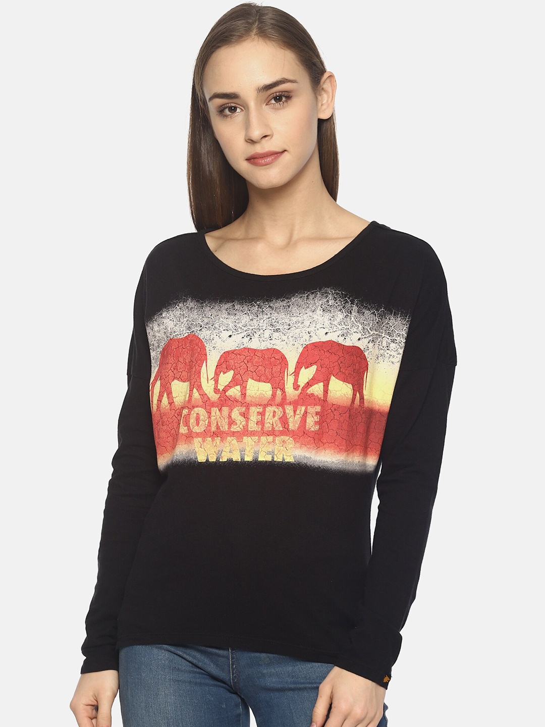 

Wolfpack Women Black Printed Conserve Water Round Neck Cotton T-shirt