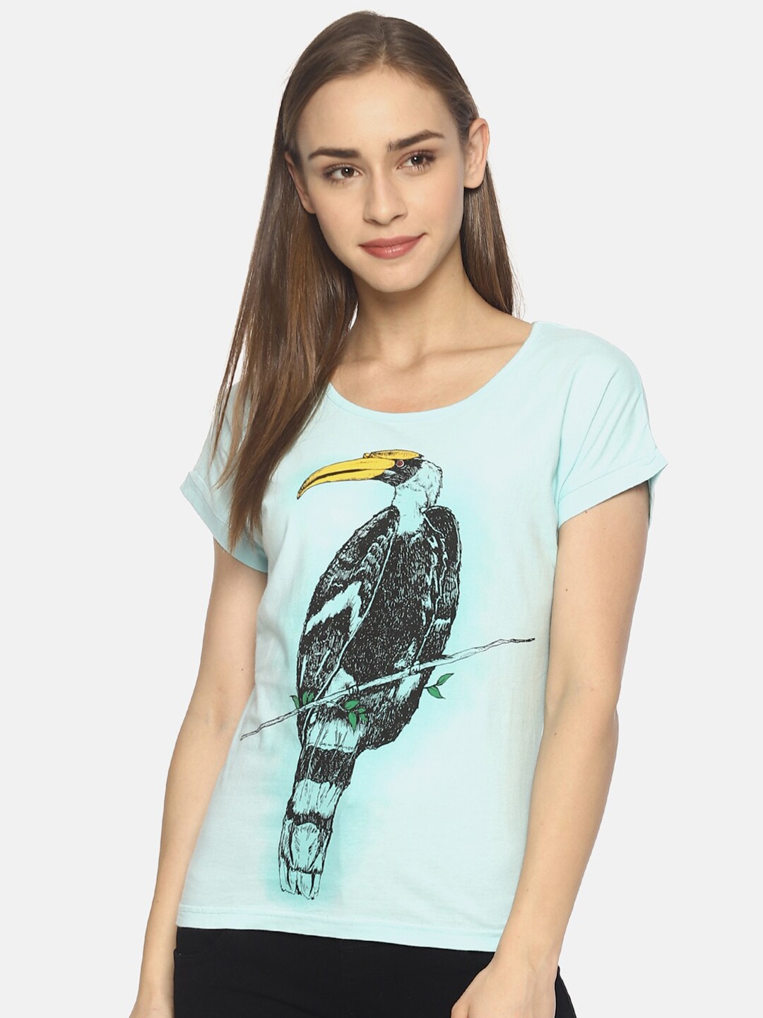 

Wolfpack Women Green Printed Round Neck Cotton T-shirt