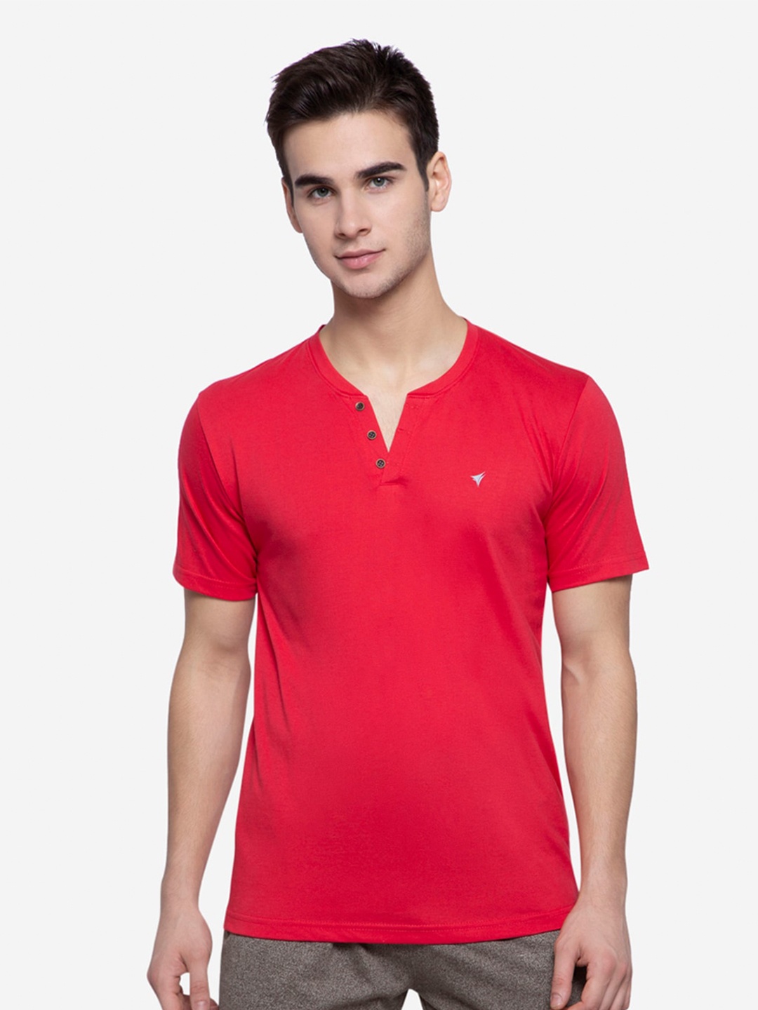 

NEVA Men Red Pure Cotton Solid Henley Neck T-shirt