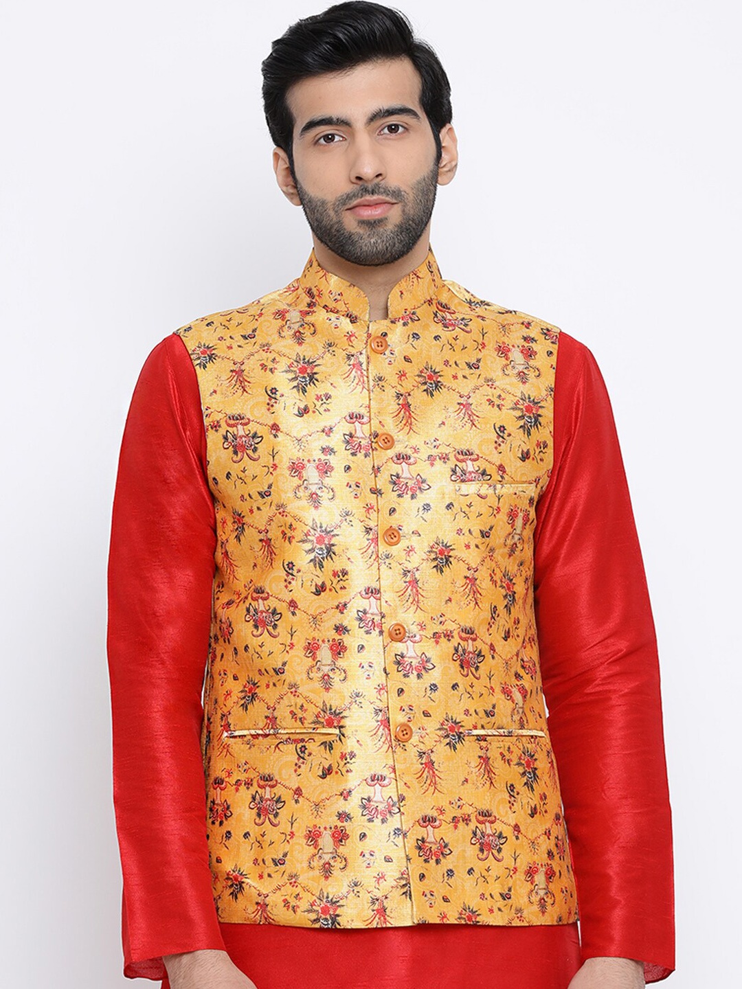 

NAMASKAR Men Yellow & Red Printed Woven Pure Silk Nehru Jacket