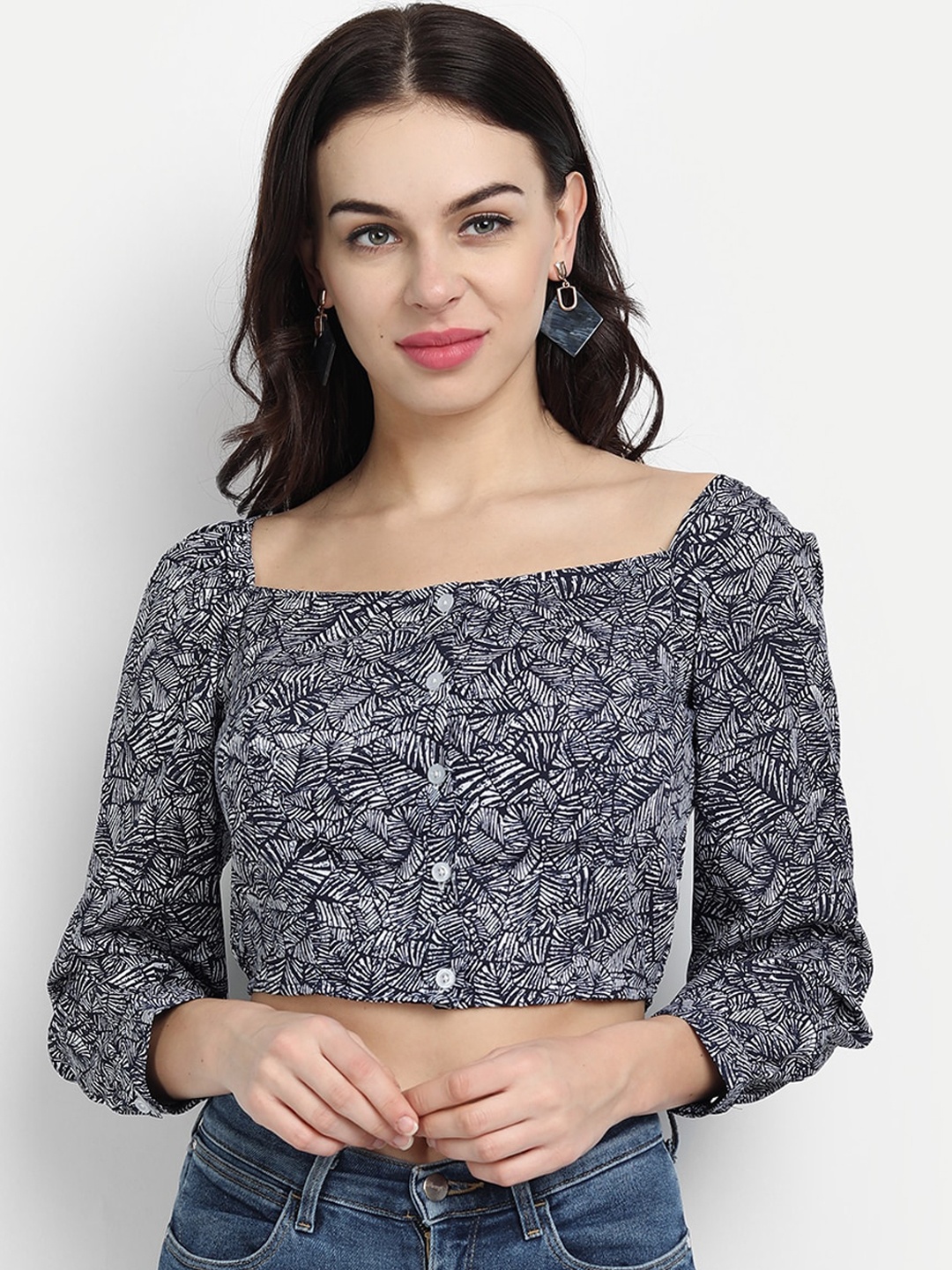 

IX IMPRESSION Navy Blue & Off White Geometric Regular Crop Top