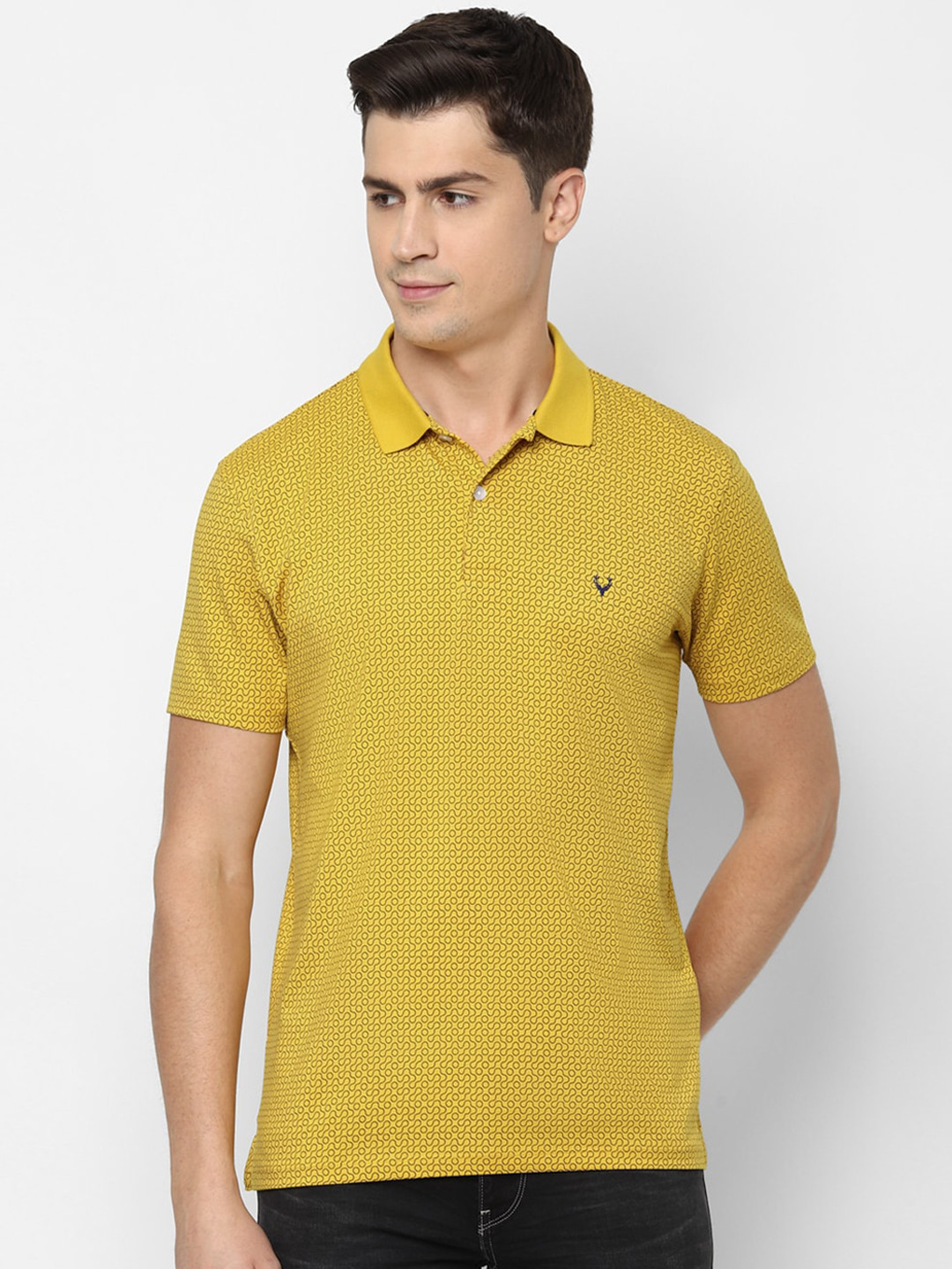 

Allen Solly Men Mustard Yellow Black Printed Pure Cotton Polo Collar Pure Cotton T-shirt