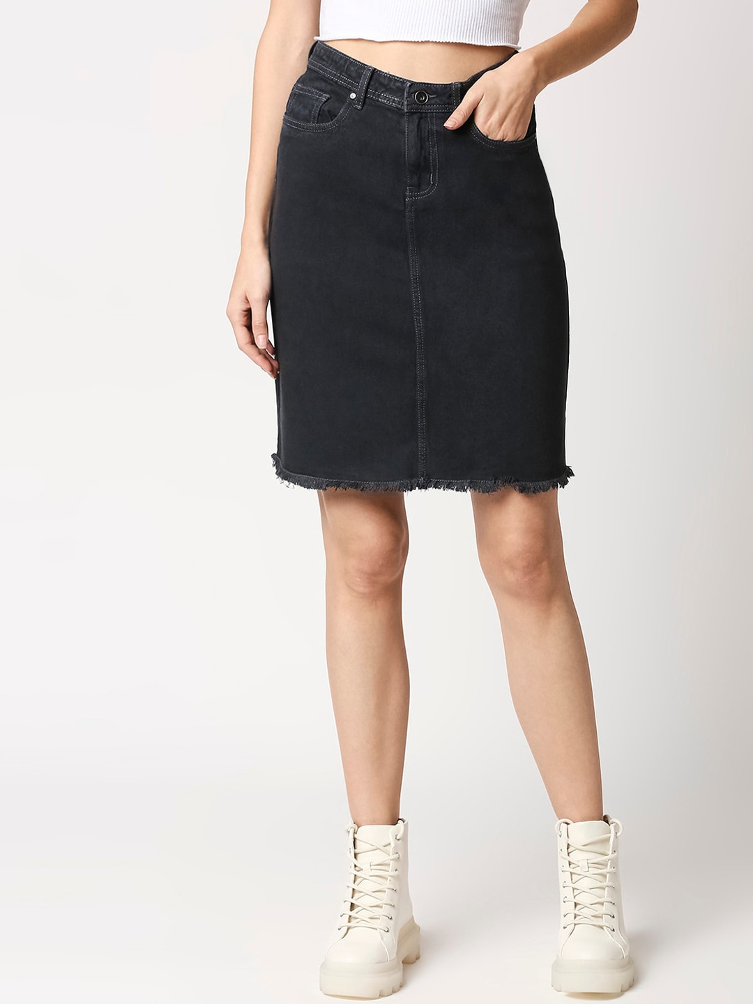 

High Star Charcoal Black Washed A-Line Mini Denim Skirt