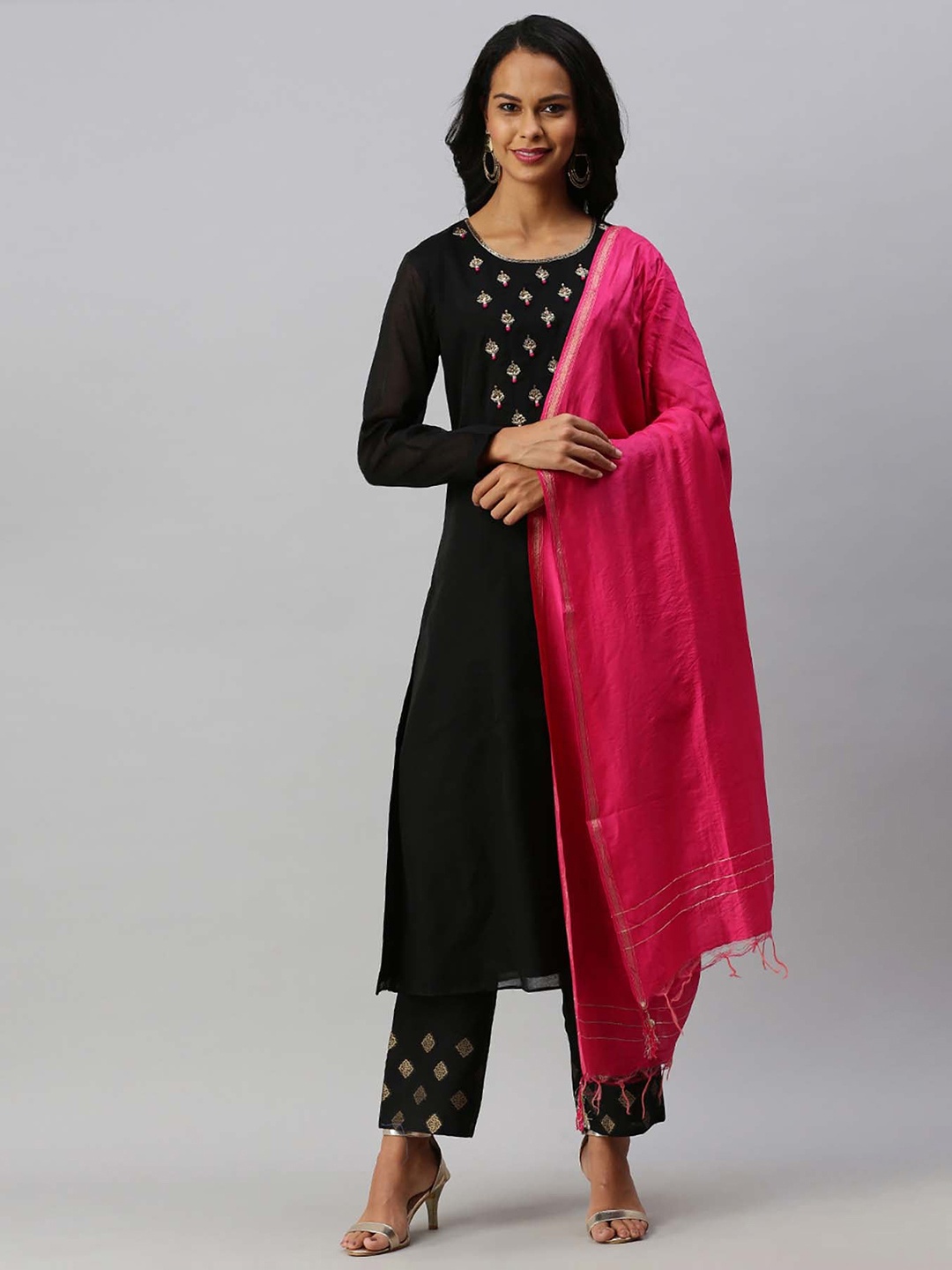 

Soch Women Black & Pink Yoke Design Kurta with Trousers & Dupatta