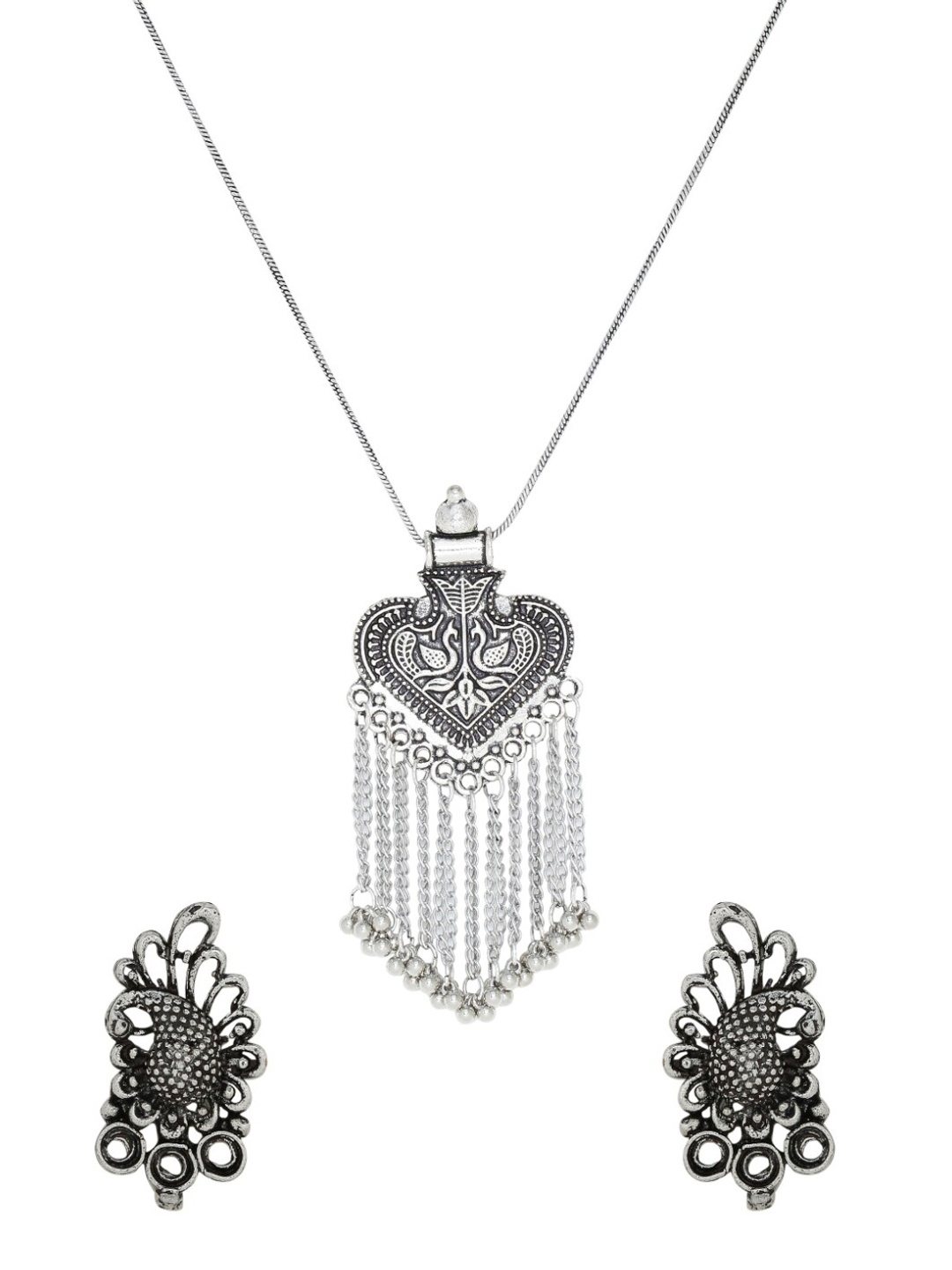 

Silvermerc Designs Silver-Toned Oxidized Heart Peacock Tassel Jewellery Set