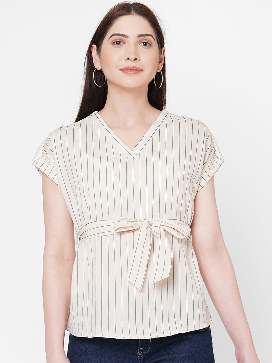 

109F Beige & Black Striped Roll-Up Sleeves Cinched Waist Top