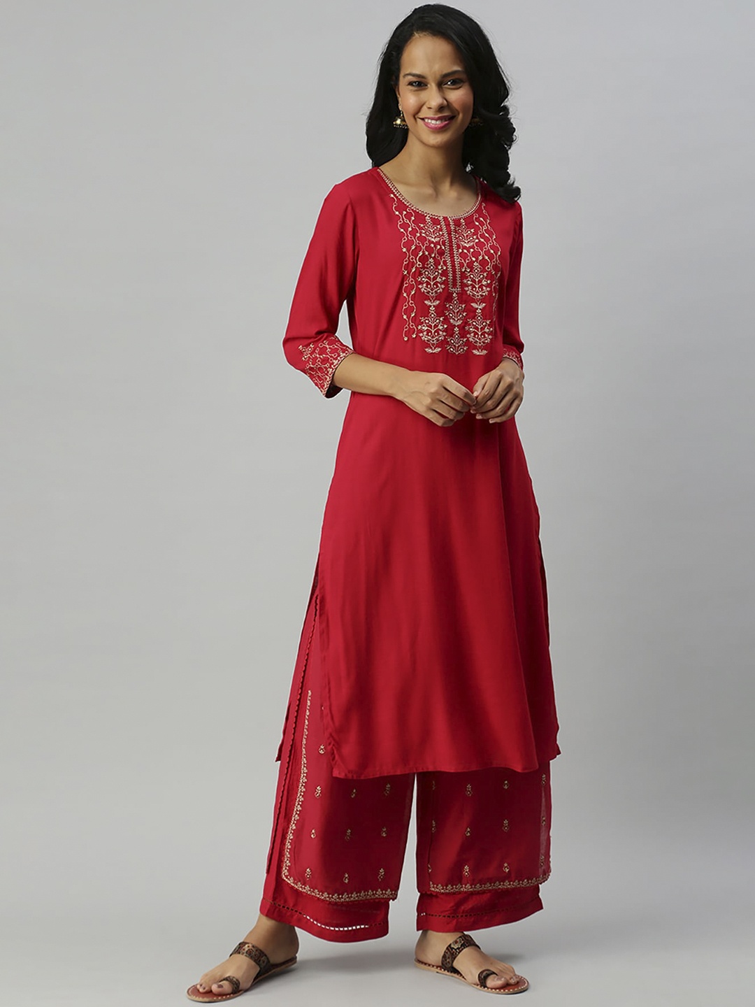 Soch Women Red Viscose Rayon Embroidered Kurti Suit