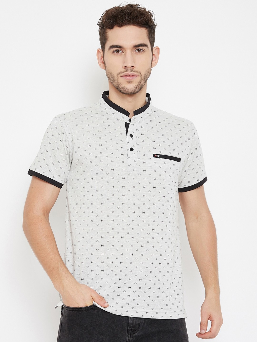 

NEVA Men Grey Melange & Black Pure Cotton Printed Mandarin Collar T-shirt