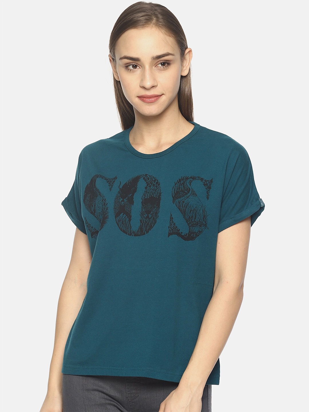 

Wolfpack Women Dark Green Printed Round Neck T-shirt