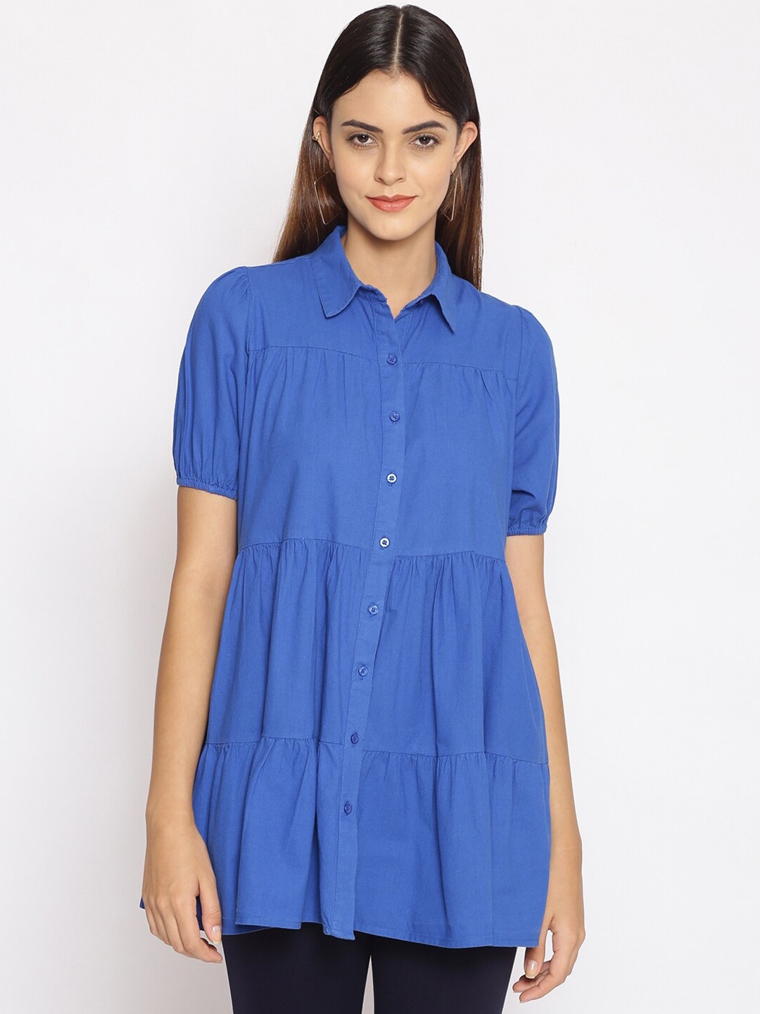 

Oxolloxo Women Navy Blue Solid Cotton Tunic