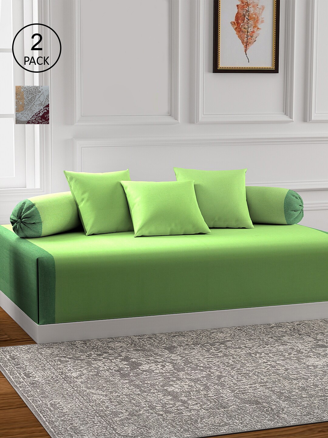

KLOTTHE Set Of 2 Cotton Single Bedsheet With 4 Bolster Covers & 6 Cushion Covers, Green