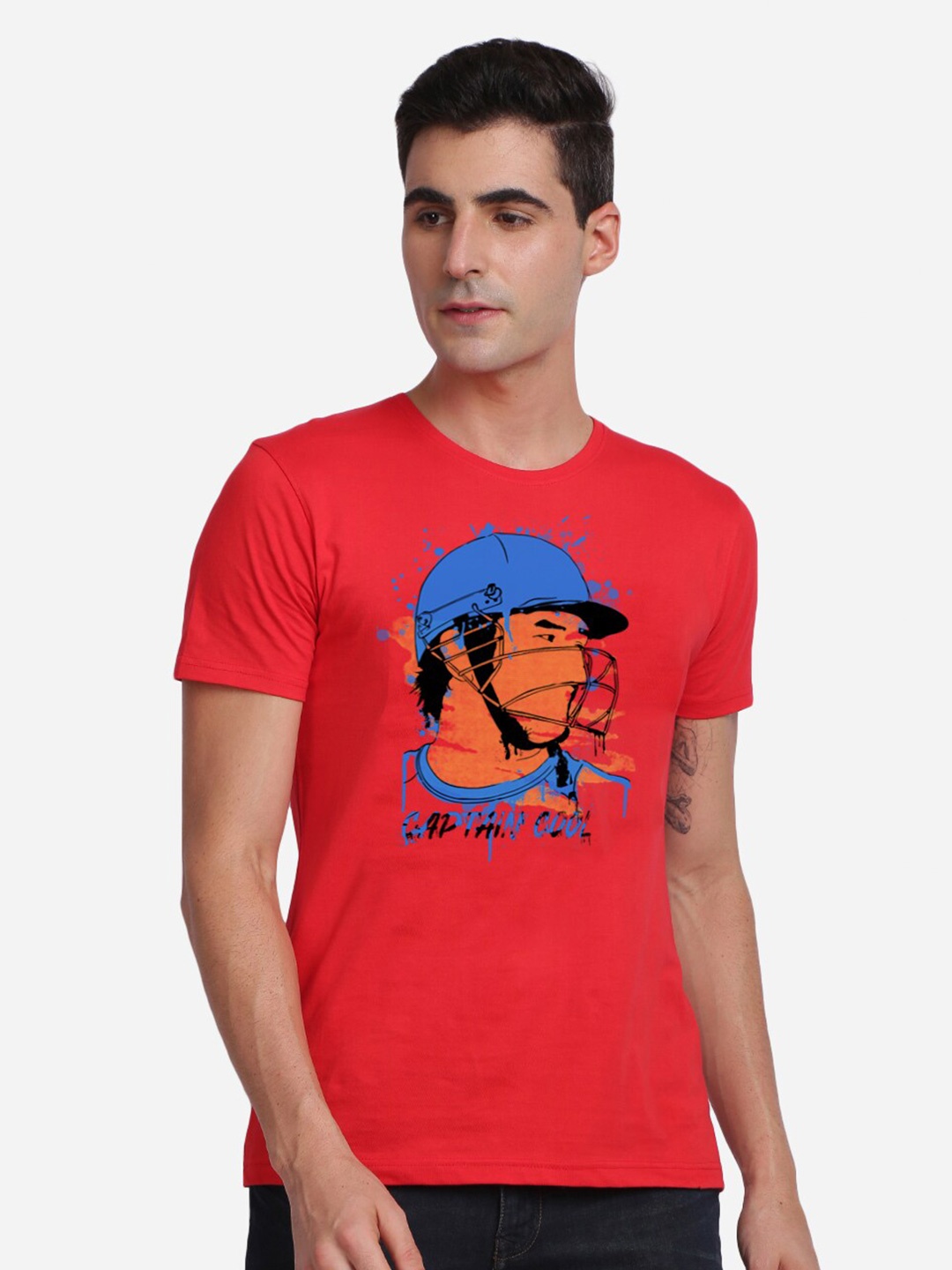 

MASH UNLIMITED Men Red Printed Round Neck Cotton T-shirt